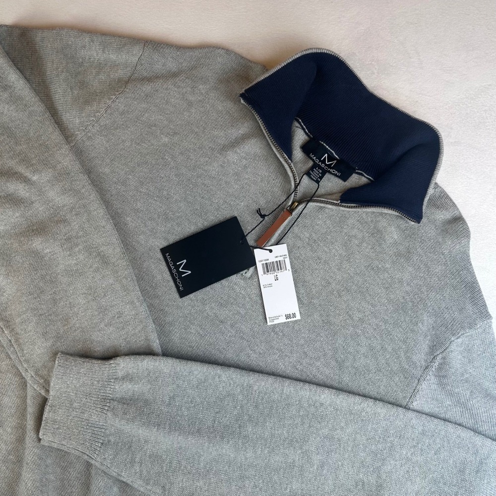 Magaschoni Mens Gray 1/4 Zip Mock Neck Pullover‎ Sweater Comfort Soft Large New